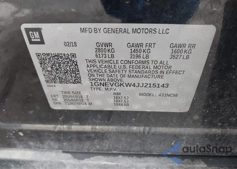 2018 Chevrolet Traverse 1Lt из США, поврежденный, VIN 1GNEVGKW4JJ215143